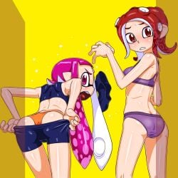 angry annoyed ass blush blushing caught caught_undressing digital_drawing_(artwork) digital_media_(artwork) dropping_clothing inkling inkling_girl looking_at_viewer octoling octoling_girl orange_panties purple_bra purple_eyes purple_hair purple_panties raised_eyebrows red_eyes red_hair shorts splatoon splatoon_2 tsuwitchii84 undressing yellow_background