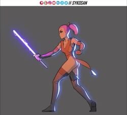 1girls animated artist_name ass clothed female female_only grey_background lightsaber loop mp4 no_sound original_character ponytail purple_hair sideboob slow_motion star_wars sykosan thighhighs video