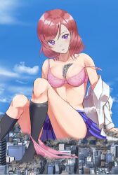 anime_style bikini black_socks blue_skirt buildings city cityscape cleavage clouds crush day destruction giantess hands_down love_live! macrophilia nishikino_maki open_mouth orange_hair panties_around_leg pink_bikini purple_eyes sky socks thighhighs twitter white_shirt