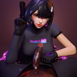 1girls 3d black_hair black_penis brown_eyes choker dark-skinned_male epic_games evie_(fortnite) eye_contact fortnite fringe imminent_oral imminent_sex imminent_vaginal interracial lipstick looking_at_penis oral pants_down petite pov red_lipstick seductive_eyes seductive_mouth short_hair taking_clothes_off veratchhd