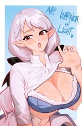 1girls ameliance_leveilleur artist_request big_breasts blush bowtie bra breasts brown_eyes cheating_wife dialogue elezen elf elf_ears elf_female eyelashes final_fantasy final_fantasy_xiv flirting kiddybro_(artist) lipstick milf pale-skinned_female pointy_ears seductive square_enix thick_thighs undressing white_dress white_hair