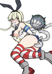 ass blonde_hair blush breast_squeeze enemy_naval_mine_(kantai_collection) kantai_collection nipples nivi panties panties_aside panty_pull pussy pussy_juice_drip ribbon shimakaze_(kantai_collection) shinkaisei-kan stockings striped_stockings tentacle thong