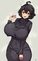 big_breasts blush breasts hex_maniac kurage_shokushu nervous nintendo pokemon pokemon_xy short_hair spiral_eyes sweat