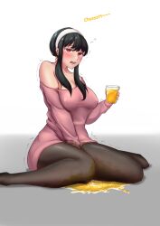 black_hair blush clothed clothed_female erect_nipples erection_under_clothes female female_focus female_only fully_clothed holding_cup legwear magicball open_eyes open_mouth orange_juice pee_in_glass peeing peeing_in_cup peeing_self piss_stain shivering simple_background sitting_in_urine sitting_on_floor sitting_pee solo solo_female spy_x_family sweater_dress topwear trembling urinating_female urine urine_in_container urine_pool urine_puddle wetting wetting_clothing yor_briar