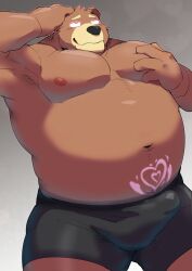 2022 anthro belly big_belly black_nose brown_body bulge clothed clothing erection erection_under_clothing hi_res kemono male mammal moobs navel nipples overweight overweight_male shirosaru solo underwear ursid