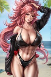 1girls abs absurd_res absurdres amputee arm_up baiken bare_shoulders bare_skin bare_thighs beach big_breasts bikini bikini_bottom bikini_top black_bikini black_bikini_bottom black_bikini_top black_bra black_clothes black_clothing black_jacket black_panties black_underwear bra breasts busty child_bearing_hips cleavage clothed clothed_female clothing dandon_fuga female female_focus female_only fit fit_female forehead_mark front_view guilty_gear guilty_gear_strive guilty_gear_xrd hand_on_head hand_on_own_head high_resolution highres hips huge_breasts jacket large_breasts large_filesize light-skinned_female light_skin long_hair looking_at_viewer massive_breasts missing_arm muscular muscular_female navel navel_piercing palm_tree pink_hair ponytail red_eyes sand smile solo solo_female solo_focus standing summer thick_thighs thighs toned toned_body toned_female tropical very_high_resolution very_long_hair