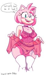 1girls amy_rose biffalo blush blushing dialogue female green_eyes lingerie pink_fur pink_hair png sega small_breasts solo sonic_(series) stockings text