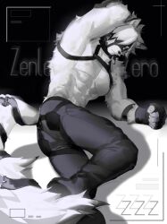 1boy abs anthro bridle choker claws eyepatch furry furry_ears furry_only furry_tail harness laying_down male male_nipples male_only muscular_anthro muscular_male pants pecs piercings purple_eyes shabi96522 smooth_fur solo von_lycaon white_body white_fur white_hair white_skin zenless_zone_zero