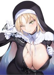 1girls blonde_hair breasts busty cleavage enryuu_(rmxs3488) female large_breasts light-skinned_female light_skin looking_at_viewer nijisanji nun nun_outfit one_eye_closed pouring pouring_on_breasts pouring_on_self sister_cleaire smile solo solo_female veil virtual_youtuber wet wet_body wet_breasts wet_clothes wink