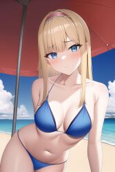 ai_generated alice_schuberg alluring beach big_breasts bikini blonde_hair blue_eyes female nai_diffusion nightcore_(artist) ocean sea stable_diffusion sunshine sword_art_online