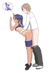 1boy 1girls ass blue_hair blush body_swap breasts brown_hair captain_ginyu dragon_ball dragon_ball_z green-tinted_eyewear grin hayase_nagatoro highres kchic99 long_hair naoto_hachioji_(senpai) penetration please_don't_bully_me,_nagatoro scouter shoes short_shorts shorts smile sweat tank_top tanline teeth thighs tinted_eyewear