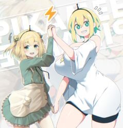 2022 2girls amano_pikamee blonde_hair breast_size_difference breasts clothed clothed_female dress female flat_chest green_eyes height_difference hi_res huge_breasts pointy_teeth selfcest short_hair shorts sinensian size_difference small_breasts virtual_youtuber voms_project