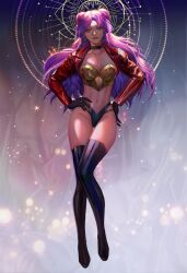 1girls boots choker cleavage clothing fan_yang female female_only gloves jacket k/da_kai'sa k/da_series kai'sa latex league_of_legends leather leather_jacket light-skinned_female lipstick long_hair makeup panties solo standing thick_thighs thigh_boots