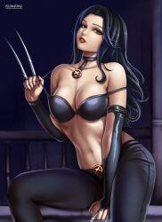 1girls artist_name athletic_female bare_midriff black_hair bra breasts claws cleavage collar detached_sleeves deviantart_username female female_only flowerxl front_view fully_clothed green_eyes laura_kinney looking_at_viewer marvel marvel_comics partially_clothed_female pinup posing solo tight_pants x-23 x-men