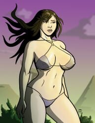 1girls bikini black_hair brown_eyes erect_nipples female female_only fire_and_ice huge_breasts long_hair outside royalty solo taynor_hook teegra voluptuous wrong_eye_color