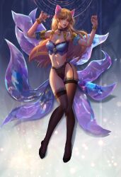 1girls ahri animal_ears blonde_hair bracelet cat_ears cleavage fan_yang female female_only garter_straps hands_up heels k/da_ahri k/da_series league_of_legends light-skinned_female long_hair midriff multiple_tails solo stockings thick_thighs thigh_gap thighhighs