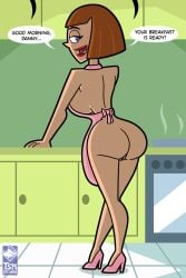 1girls apron back back_view brown_hair danny_phantom english_text light-skinned_female light_skin madeline_fenton mature mature_female mature_woman milf mother naked naked_apron nickelodeon speech_bubble thick_thighs tsmdraws