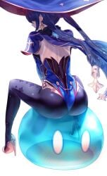 ass big_ass bubble_butt genshin_impact leggings leotard mona_(genshin_impact) mona_ass sitting_on_slime slime slime_(genshin_impact) slime_sex tall tall_female thong thong_leotard tight_clothing uenoryoma