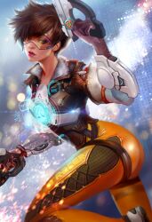 1girls armwear ass big_ass blizzard_entertainment chronal_accelerator clothing eyewear fan_yang female female_only firearm footwear gun handgun handwear harness human light-skinned_female orange-tinted_eyewear overwatch painting_(artwork) pale_skin skin_tight solo thick_thighs tight_clothing tinted_eyewear tracer visor weapon zero_suit