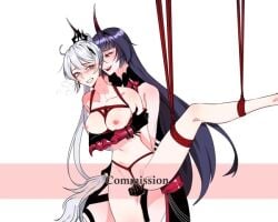 2girls bdsm_harness blush bondage breasts breasts_out clenched_teeth female female_only femdom femsub finger_fuck fingering hair_tied honkai_(series) honkai_impact_3rd kiana_kaslana leg_tied lesbian_sex multiple_girls nude_female nude_female_clothed_female one_leg_up purple_hair raiden_mei red_rope rope_bondage silver_hair smiling teasing tied_up yuri