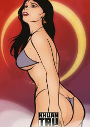 1girls 2020 ass bikini black_hair brown_eyes bubble_butt earrings female female_only fire_and_ice khuan_tru large_breasts long_hair royalty solo swimsuit teegra thong thong_bikini wrong_eye_color