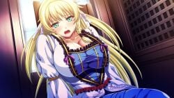 1girls big_penis blonde_hair cecily_ellerald eden's_ritter green_eyes horny princess q-gaku ribbon sweat sweating tight_clothing