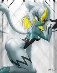 2022 anthro artist_name ass blush breasts collar furry game_freak multicolored_hair patreon_logo patreon_url pokemon rilex_lenov shiny_zeraora short_hair sideboob small_breasts turquoise_body white_fur white_hair window yellow_eyes yellow_hair zeraora