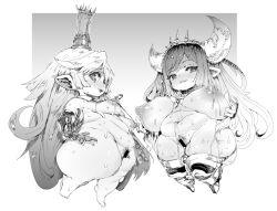 2girls arulumaya censored chubby gauntlets granblue_fantasy harvin huge_breasts long_hair looking_at_viewer monochrome nipple_piercing quadamono shortstack sweat thick_thighs