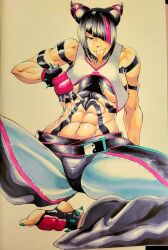 1girls abs bodypaint breasts clothing female female_only gloves hair_over_one_eye juri_han looking_at_viewer muscular_female octavius_dp sitting solo spiked_bracelet spiked_collar spread_legs street_fighter street_fighter_6 tongue tongue_out