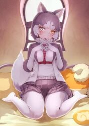 1girls collarbone deku_suke dog_(mixed_breed)_(kemono_friends) dog_ears dog_girl dog_tail happy heterochromia indoors kemono_friends on_bed stockings tail two_tone_hair wariza