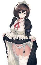 1girls 40hara angry apron aqua_eyes arm_strap bangs black_dress black_hair black_legwear bow bow_panties breasts clothes_lift cowboy_shot dress dress_lift frilled_apron frills garter_belt garter_straps highres itou_chitose iya_na_kao_sare_nagara_opantsu_misete_moraitai juliet_sleeves large_breasts lifted_by_self long_sleeves looking_at_viewer maid maid_headdress neck_ribbon open_mouth panties panties_over_garter_belt puffy_sleeves red_bow red_ribbon ribbon scowl short_hair simple_background solo teeth thighhighs thighs underwear upper_teeth upskirt v-shaped_eyebrows white_apron white_background white_panties