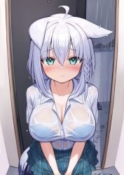 deaver hololive hololive_gamers hololive_gen_1 hololive_japan long_hair see-through_clothing see-through_top shirakami_fubuki virtual_youtuber wet wet_clothes white_hair