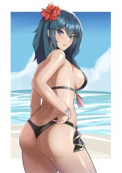 1girls alternate_costume ass ass_cleavage back_view bare_shoulders beach big_ass bikini black_bikini black_swimsuit blue_eyes blue_hair breasts butt_crack byleth_(fire_emblem) byleth_(fire_emblem)_(female) byleth_(summer)_(fire_emblem)_(female) capelet female female_only fire_emblem fire_emblem:_three_houses fire_emblem_heroes flower hair_flower hair_ornament halterneck higher_resolution_available highres large_breasts looking_at_viewer looking_back medium_hair nintendo ocean official_alternate_costume sandals sideboob solo swimsuit tassel wet zet_(twt_zet)