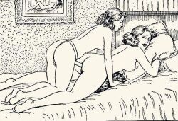 2girls anal anal_sex artist_request black_and_white eye_closed female female_only looking_pleasured medium_breasts monochrome open_mouth original prone_bone retro_artstyle retro_artstyle_(western) sex_toy_insertion strap-on toying_partner unknown_artist white_skin yuri