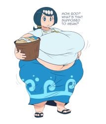 1girls asking bbw belly big_breasts big_hips black_footwear blue_eyes blue_hair blue_skirt dark_blue_hair dress fat flip_flops game_freak hourglass hourglass_figure jiggle jiggling jiggling_ass jiggling_breasts lana's_mother_(pokemon) laundry_basket looking_at_viewer milf mintrimo mob_face mother nintendo obese overweight pale-skinned_female pale_skin pokemon pokemon_sm ponytail question questioning sandals side_ponytail skirt ssbbw staring_at_viewer swaying swaying_breasts talking_to_viewer thunder_thighs white_background white_shirt