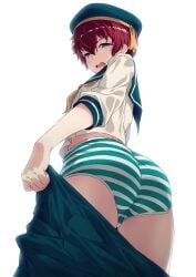 1boy 40hara ass breasts briefs bulge character_request clothes_pull disgust dress green_male_underwear hat highres iya_na_kao_sare_nagara_opantsu_misete_moraitai looking_at_viewer looking_down male_focus male_underwear open_mouth original print_male_underwear red_hair sailor_hat school_uniform short_sleeves shorts shorts_pull solo striped underwear