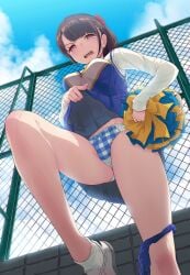 1girls 40hara ass ass_visible_through_thighs bangs blue_skirt bow bow_panties breasts brown_hair buruma buruma_around_one_leg chain-link_fence cheerleader clothes_lift cloud cloudy_sky day disgust eyebrows_visible_through_hair feet_out_of_frame fence from_below gesugao gingham highres iya_na_kao_sare_nagara_opantsu_misete_moraitai leg_up legs lifted_by_self long_hair long_legs long_sleeves looking_at_viewer medium_breasts open_mouth original outdoors panties pink_eyes plaid plaid_panties pleated_skirt pom_pom_(cheerleading) ponytail red_bow rooftop shirt shoes sidelocks skirt skirt_lift sky sleeves_past_wrists sneakers socks solo standing standing_on_one_leg tareme thighs underwear white_legwear