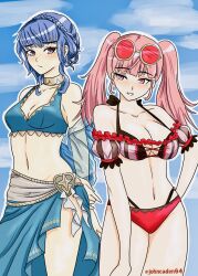 1girls alternate_costume bangs bikini blue_bikini blue_hair blue_swimsuit breasts cleavage eyewear_on_head female female_only fire_emblem fire_emblem:_three_houses fire_emblem_heroes hilda_valentine_goneril hilda_valentine_goneril_(summer) johncaden marianne_von_edmund marianne_von_edmund_(summer) medium_breasts nintendo official_alternate_costume pink_bikini pink_eyes pink_hair pink_swimsuit pre-timeskip small_breasts smile sunglasses sunglasses_on_head swimsuit twintails