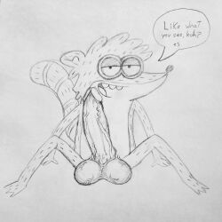 1:1 absurd_res anthro balls bcboy big_balls big_genitalia big_penis cartoon_network dialogue gay genitals hi_res huge_cock hyper hyper_genitalia hyper_penis looking_at_viewer male monochrome penis presenting presenting_balls presenting_penis regular_show rigby_(regular_show) seductive solo solo_focus speech_bubble talking_to_viewer vein veiny_balls veiny_penis