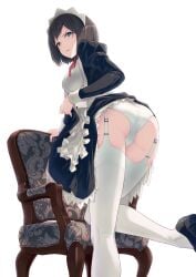 1girls 40hara apron armchair ass bags_under_eyes black_hair bob_cut breasts chair clothes_lift dress dress_lift female from_below garter_straps gesugao glaring green_eyes highres itou_chitose iya_na_kao_sare_nagara_opantsu_misete_moraitai juliet_sleeves kneepits leaning_forward leaning_on_object leg_up long_legs long_sleeves looking_at_viewer looking_back maid maid_headdress medium_breasts panties parted_lips puffy_sleeves short_hair simple_background solo standing standing_on_one_leg thighhighs twisted_torso underwear waist_apron white_background white_legwear white_panties