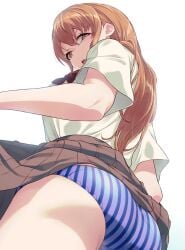 40hara ass bangs bow bowtie breasts brown_eyes brown_hair brown_skirt clothes_lift female from_behind from_below fujino_niko glaring hair_between_eyes iya_na_kao_sare_nagara_opantsu_misete_moraitai lifted_by_self long_hair looking_at_viewer looking_back medium_breasts panties parted_bangs pleated_skirt red_bow red_bowtie red_eyes school_uniform shirt sidelocks skirt skirt_lift solo striped striped_panties underwear vertical-striped_panties vertical_stripes white_shirt