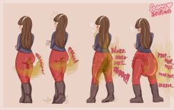 brown_hair diaper fully_clothed red_pants scat scatina