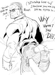 2boys ass big_ass clothed dialogue funny glasses looking_back male male_only meme metal_gear_rising metal_gear_rising:_revengeance offscreen_character raiden_(metal_gear) rear_view ripped_clothing senator_armstrong sketch spanking yaoi