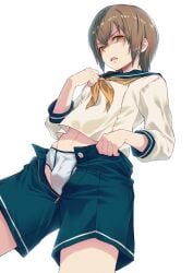 1boy 40hara androgynous bishonen bloom blue_sailor_collar blue_shorts briefs brown_hair bulge clothes_pull cowboy_shot disgust dutch_angle edging_underwear femboy from_below groin hair_between_eyes highres iya_na_kao_sare_nagara_opantsu_misete_moraitai long_sleeves looking_at_viewer male_focus male_underwear malesub navel neckerchief open_fly open_mouth original sailor_collar school_uniform shorts shorts_pull simple_background solo stomach unbuttoned underwear unzipped white_background white_male_underwear yellow_eyes yellow_neckerchief