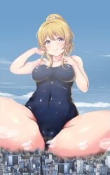 anime_style ayase_eli blonde_hair blue_eyes blue_swimsuit city cityscape crush day destruction edit giantess hi_res high_resolution highres legs legs_held_open love_live! love_live!_school_idol_project macrophilia shinonon shinonon_(iso_shino) sky swimsuit thighs twitter