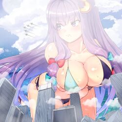 accessory aircraft angry anime_style big_breasts bikini black_bikini breasts building buildings city cityscape clouds crush day destruction from_below giantess jet large_breasts long_hair low_angle macrophilia micro_bikini ocean patchouli_knowledge purple_eyes purple_hair sky touhou twitter water white_bikini