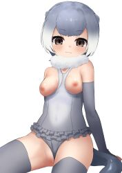 1girls :3 areolae asian_small-clawed_otter_(kemono_friends) breasts breasts_outside brown_hair censored deku_suke elbow_gloves fur_collar gray_hair kemono_friends looking_at_viewer nipples otter_tail panties_aside sidelocks solo swimsuit swimsuit_aside tail thighhighs