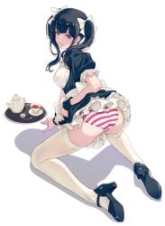 1girls 40hara apron ass black_hair bow cup disgust dress gesugao hairbow highres iya_na_kao_sare_nagara_opantsu_misete_moraitai kneeling long_legs maid maid_apron original panties purple_eyes solo striped striped_panties teacup teapot thighhighs tray twintails underwear white_legwear wristband