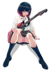 1girls 40hara arm_support bangs black_footwear black_hair bob_cut choker dress_shirt electric_guitar eyebrows_visible_through_hair guitar highres instrument iya_na_kao_sare_nagara_opantsu_misete_moraitai kneehighs loafers long_legs long_sleeves looking_at_viewer multicolored_hair necktie open_mouth panties pantyshot pink_hair pink_panties plaid plaid_skirt pleated_skirt purple_eyes red_hair school_uniform shirt shoes short_hair simple_background sitting skirt solo spread_legs two-tone_hair underwear white_background white_shirt