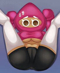 1girls ass blush breasts brown_eyes cameltoe clothed clothing cookie_run cookie_run_kingdom eyelashes female female_only fully_clothed hi_res hoodie looking_at_viewer nervous on_back shorts simple_background socks solo spread_legs stockings strawberry_cookie sweat tan_body tan_skin thighhighs underboob